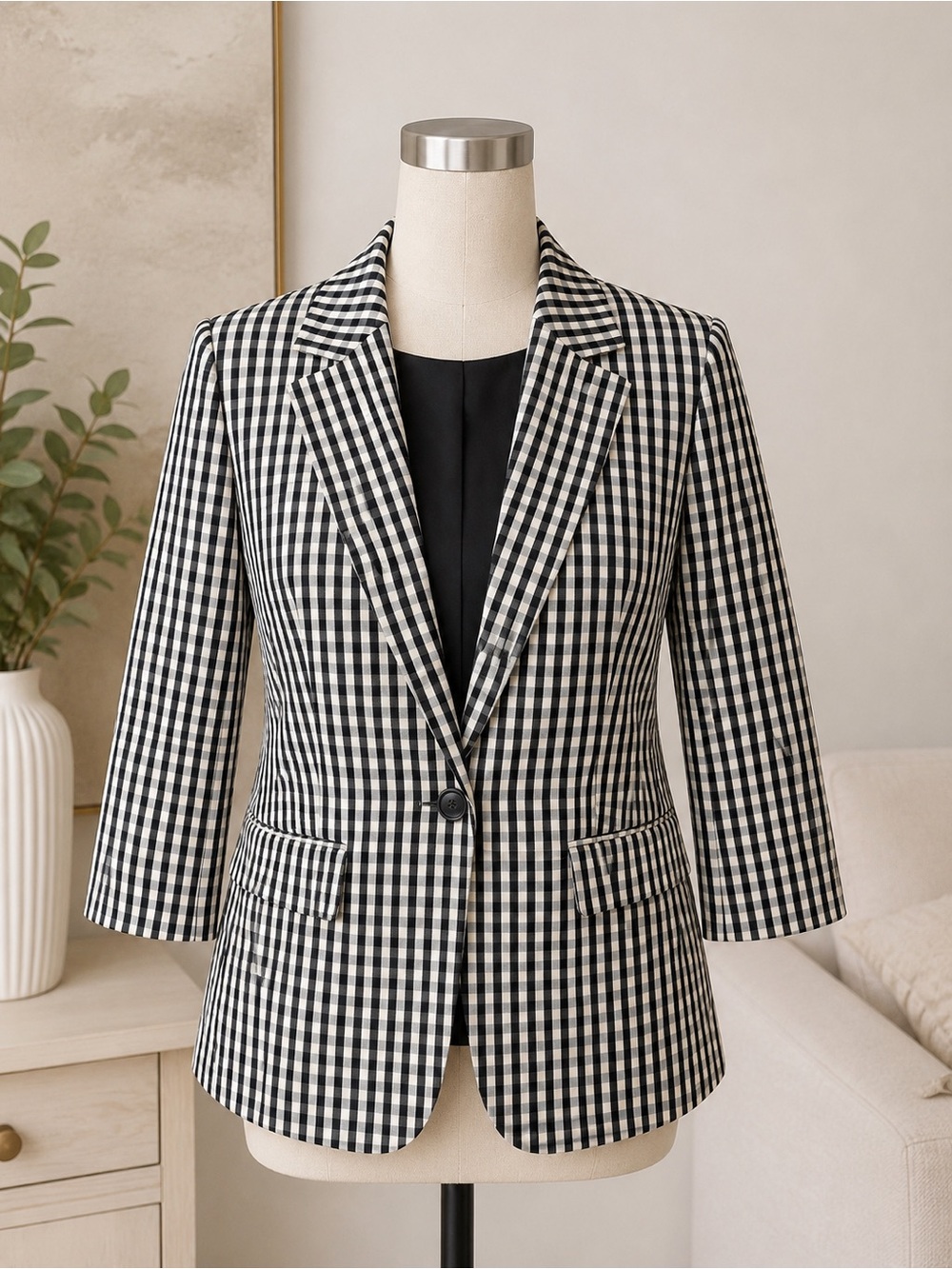 Elie Tahari Black and White Gingham Single-Button Blazer MSRP $528
